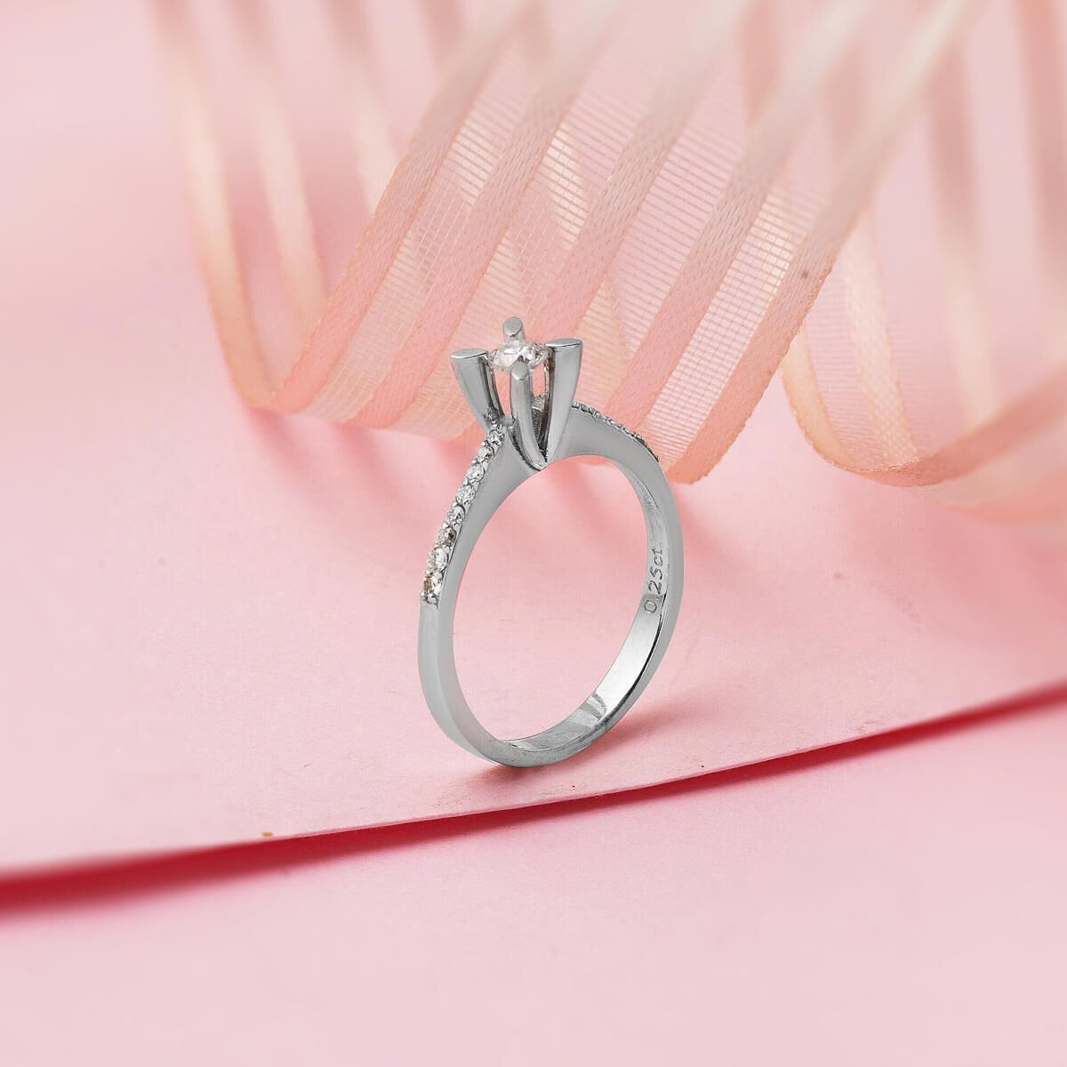 14K White Gold 0.25 Ct Side Cubic Zirconia Almond Prong Diamond Solitaire Ring