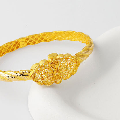 14K Yellow Gold Ornate Indian Style Hinged Cuff Bangle