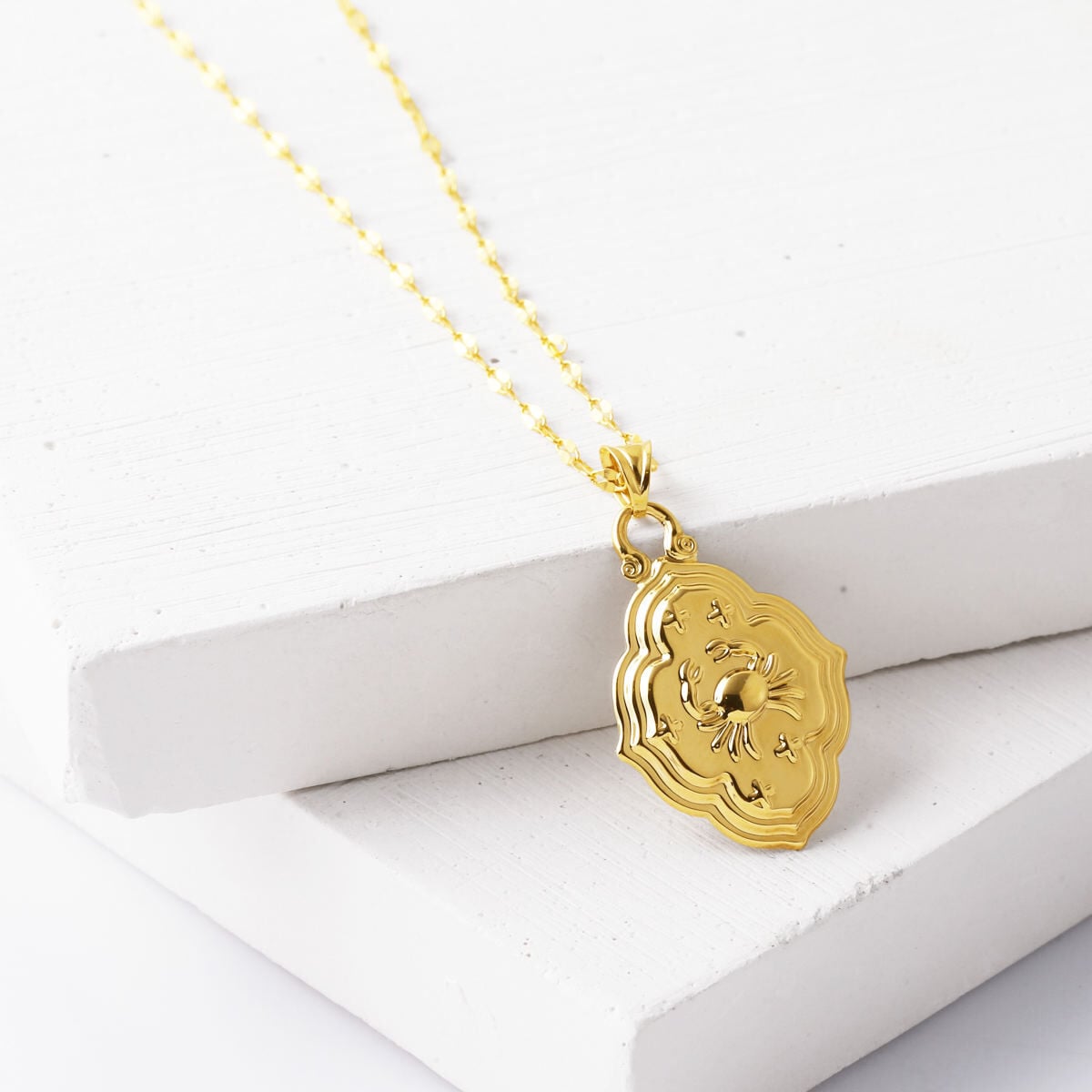 14K Yellow Gold Retro Cancer Zodiac Necklace