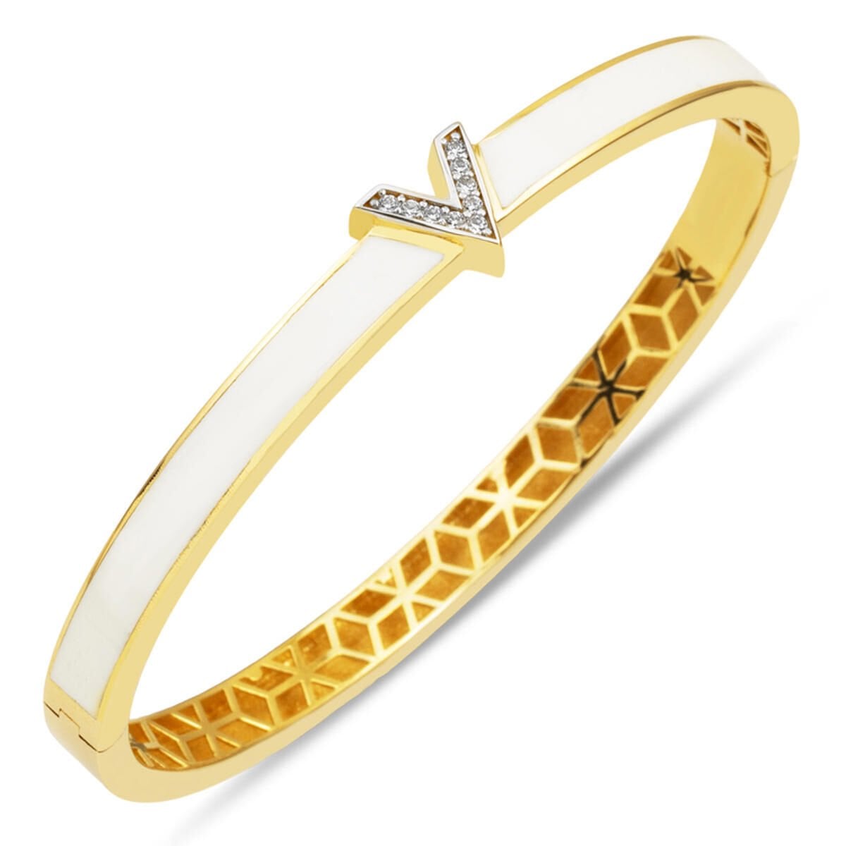 14K Yellow Gold White Enamel Designer Inspired Style Cubic Zirconia Bangle