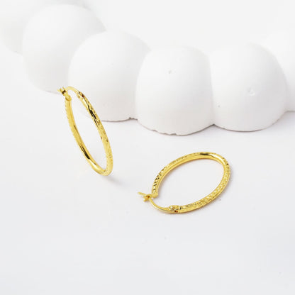14K Yellow Gold Oval Hand Engraved Hoop Earrings