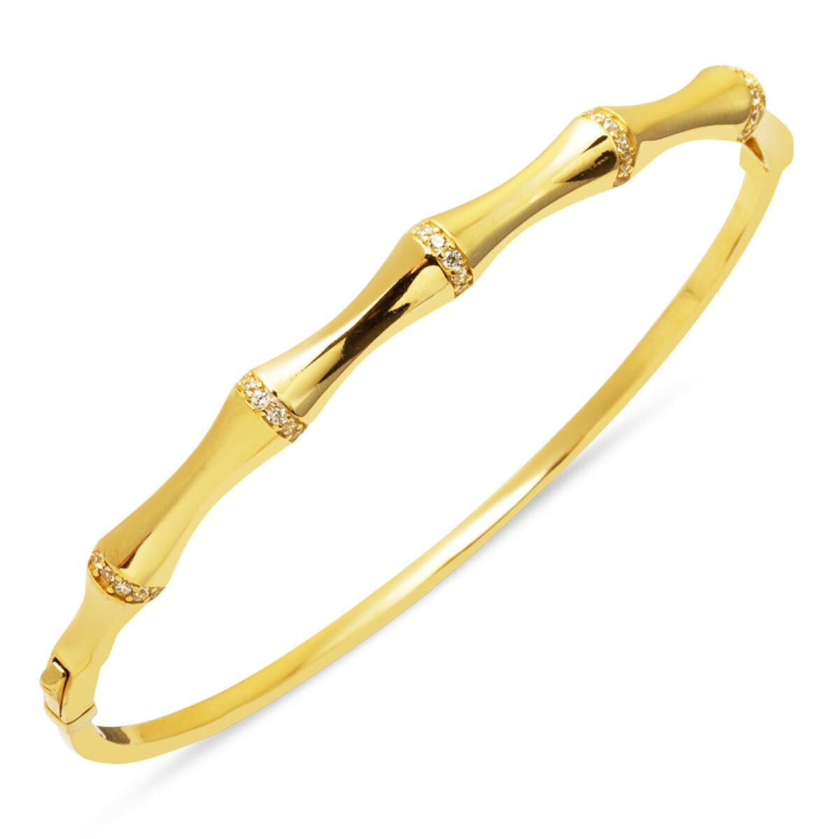 14K Yellow Gold Bone Hinged Cuff Cubic Zirconia Bangle