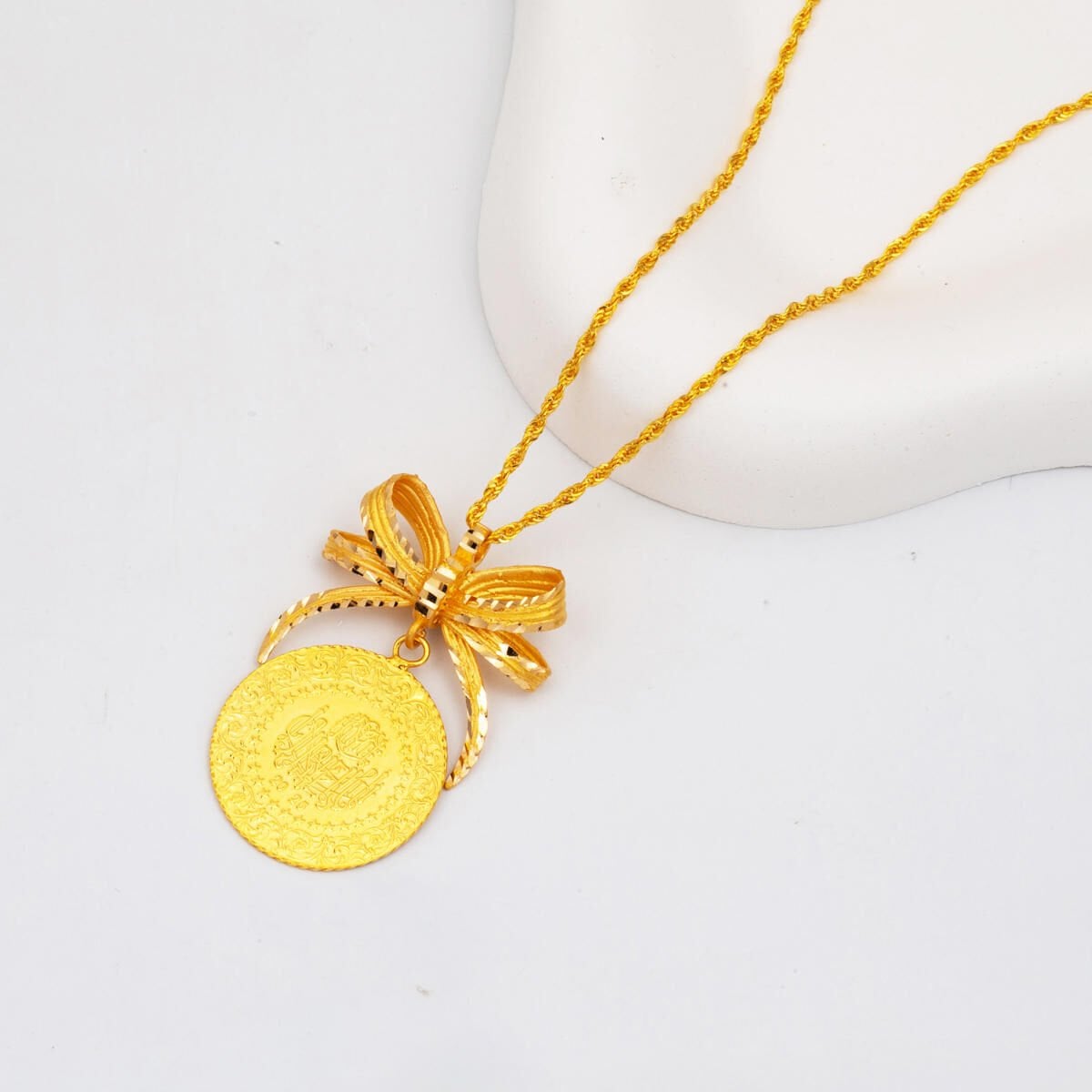 22K Yellow Gold Half Coin Bow Necklace