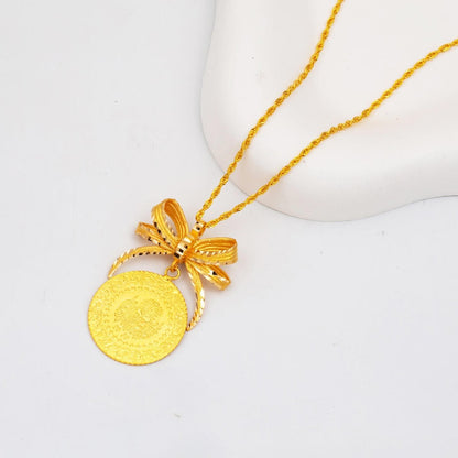 22K Yellow Gold Half Coin Bow Necklace