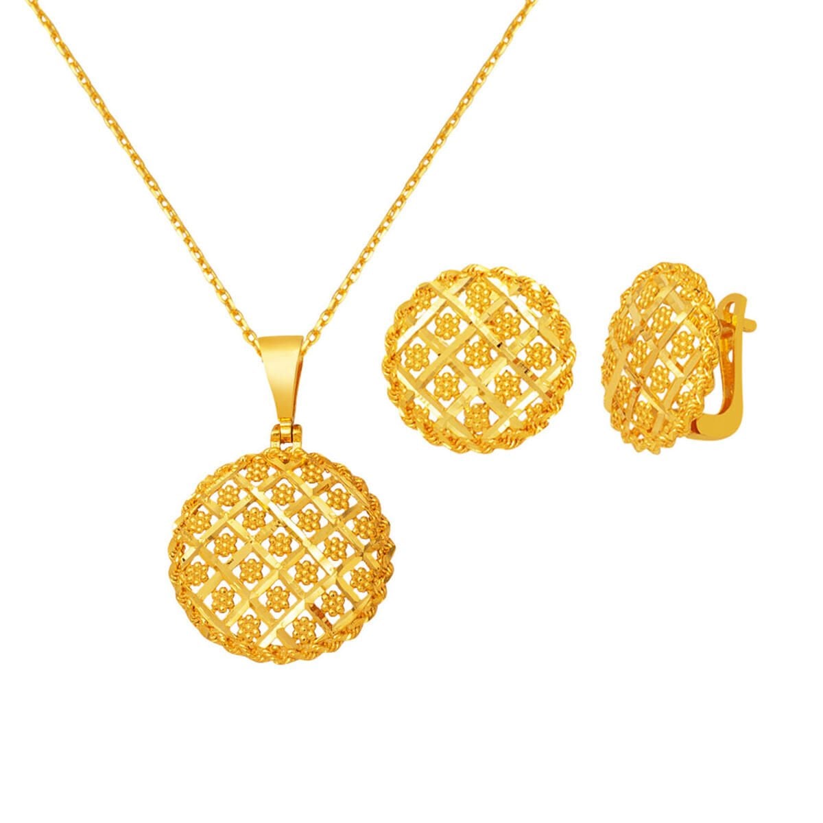 22K Yellow Gold Flower of Life Necklace and Earrings Jewelry Set