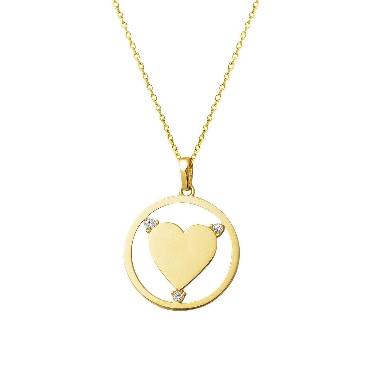 14K Yellow Gold Circle Swirl Heart Cubic Zirconia Necklace