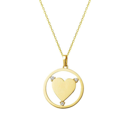 14K Yellow Gold Circle Swirl Heart Cubic Zirconia Necklace