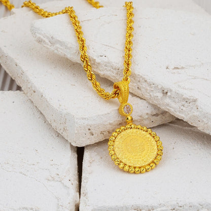 14K Yellow Gold Quarter Coin Chain Cubic Zirconia Necklace