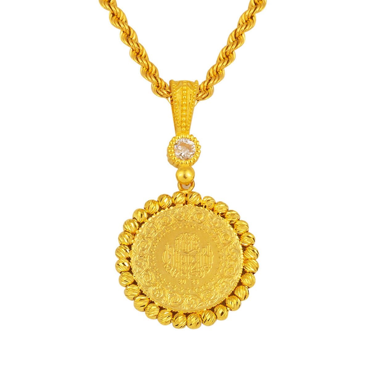 14K Yellow Gold Quarter Coin Chain Cubic Zirconia Necklace