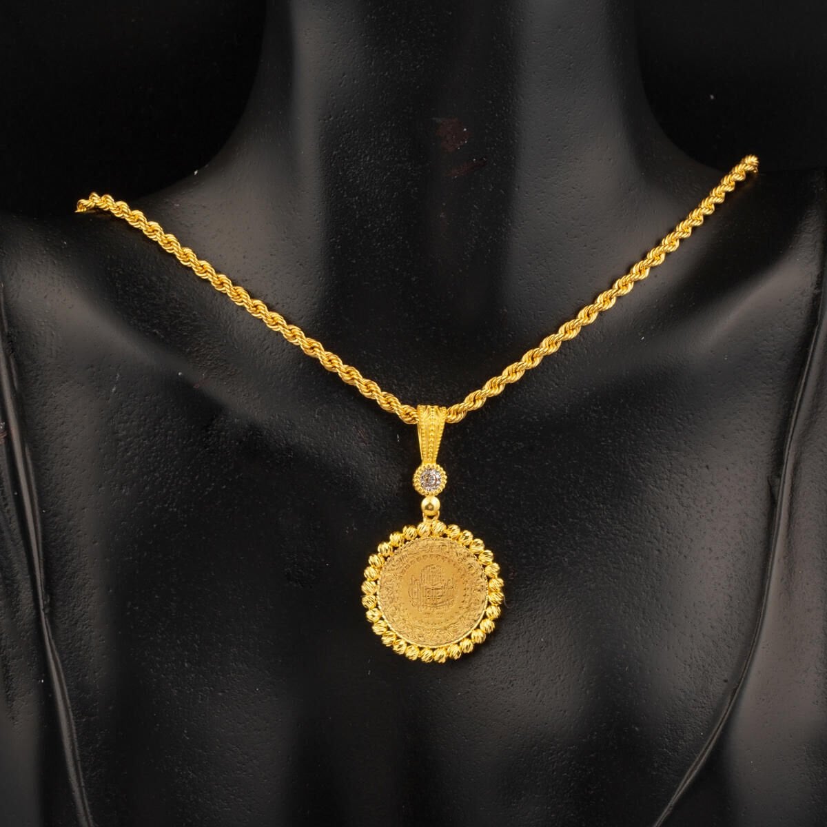 14K Yellow Gold Quarter Coin Chain Cubic Zirconia Necklace
