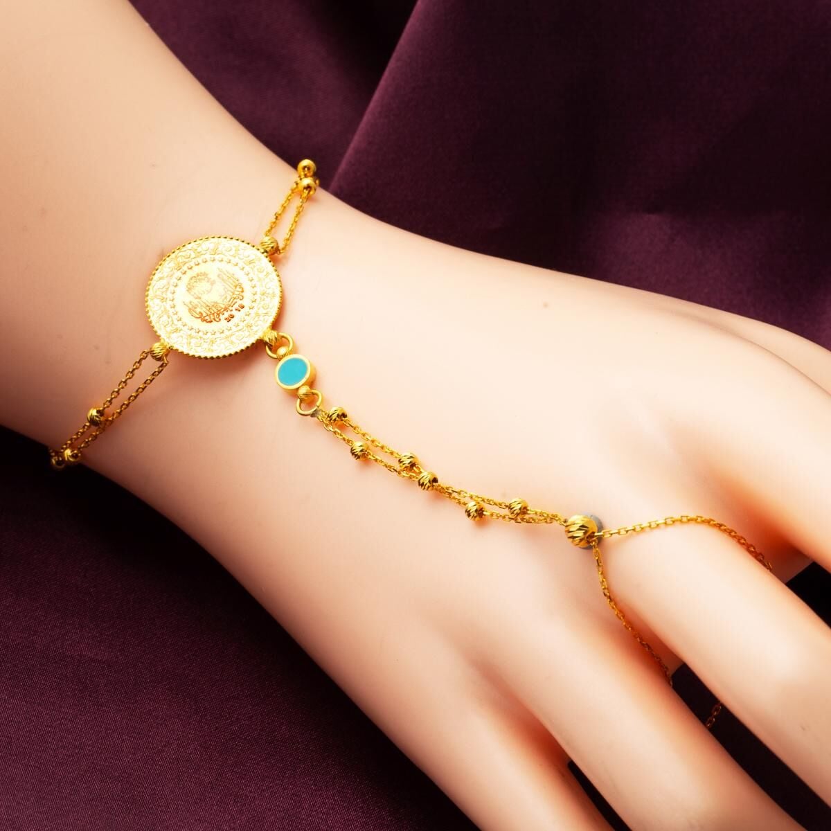 22K Yellow Gold Quarter Coin Shahmaran Turquoise Bracelet