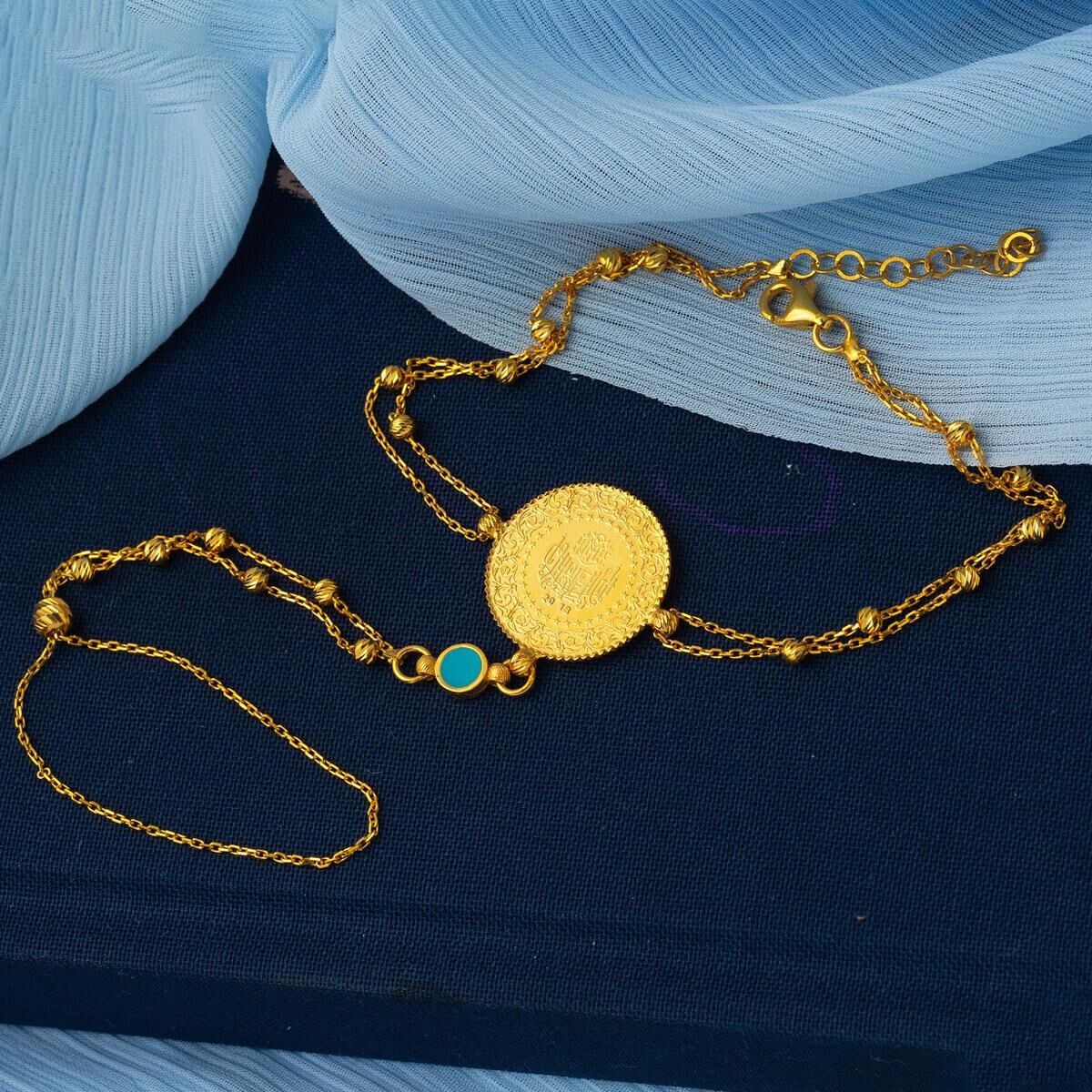 22K Yellow Gold Quarter Coin Shahmaran Turquoise Bracelet