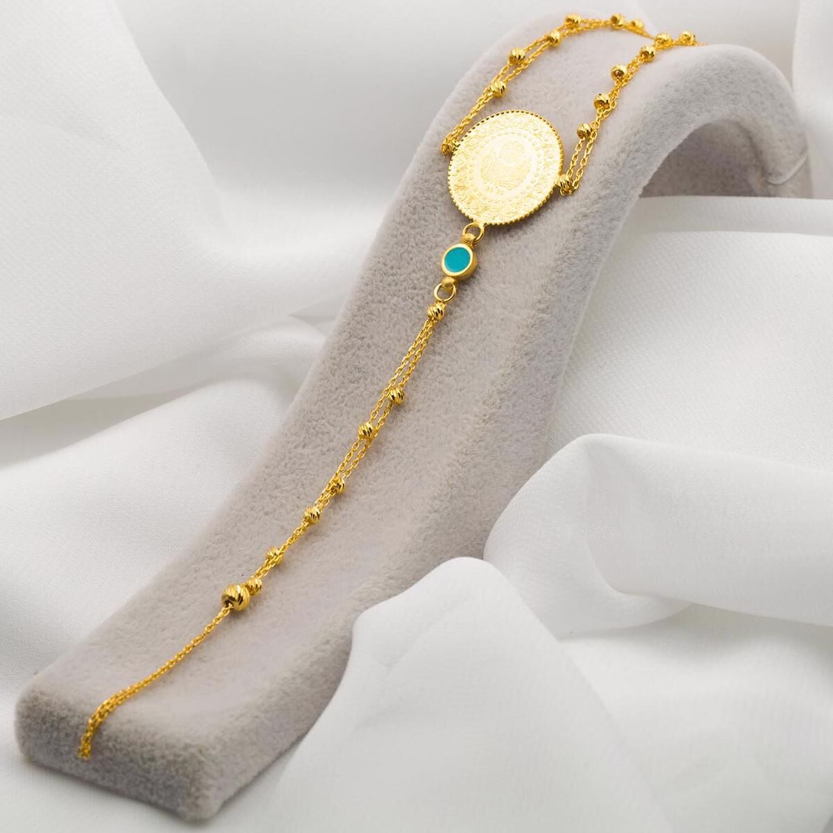 22K Yellow Gold Quarter Coin Shahmaran Turquoise Bracelet