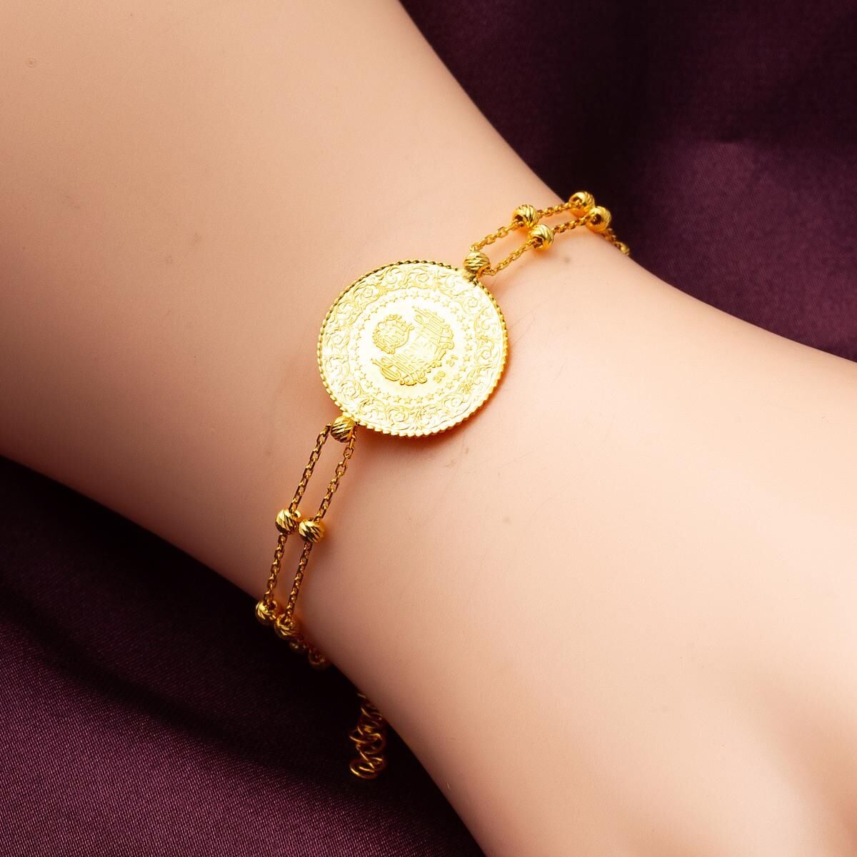 22K Yellow Gold Quarter Coin Ball Chain Bracelet