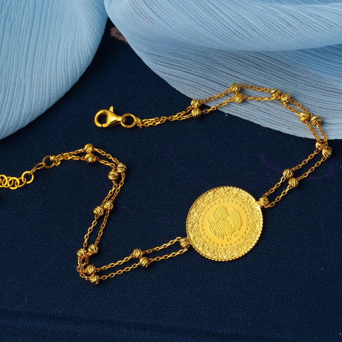 22K Yellow Gold Quarter Coin Ball Chain Bracelet