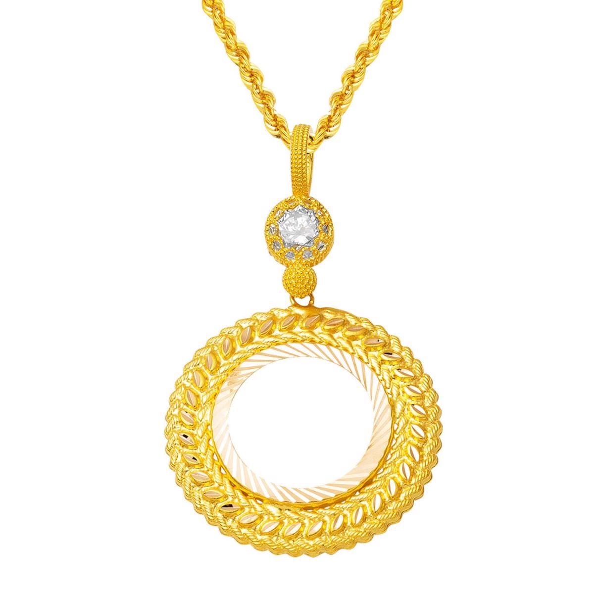 14K Yellow Gold Quarter Coin Holder Chain Cubic Zirconia Necklace