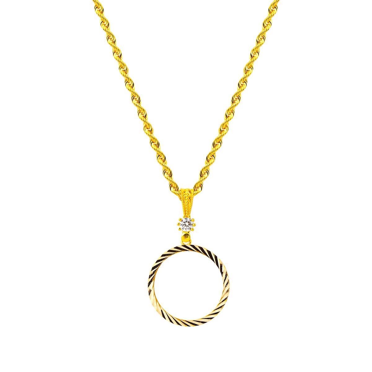 14K Yellow Gold Quarter Coin Holder Chain Cubic Zirconia Necklace (4.5 g)