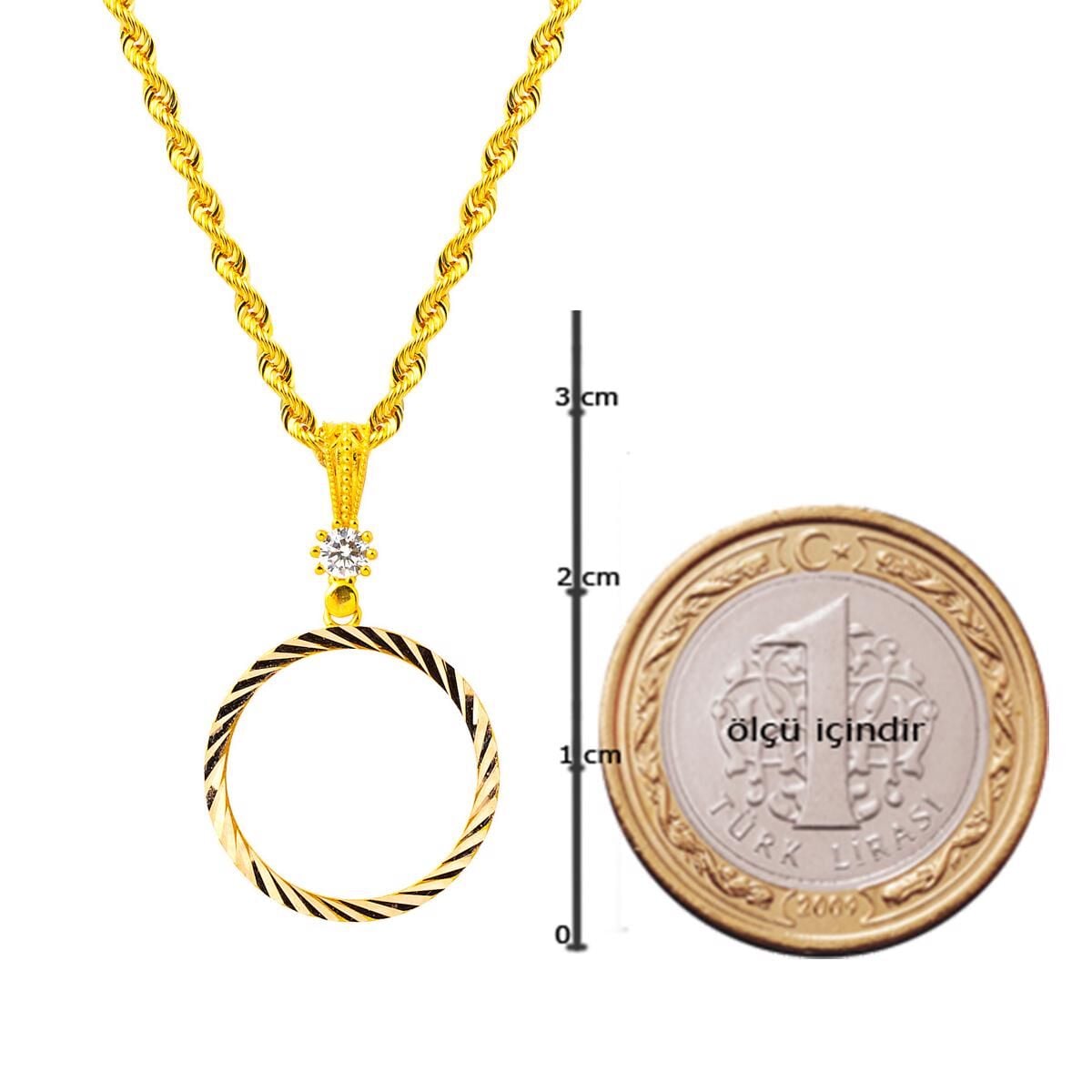 14K Yellow Gold Quarter Coin Holder Chain Cubic Zirconia Necklace (4.5 g)