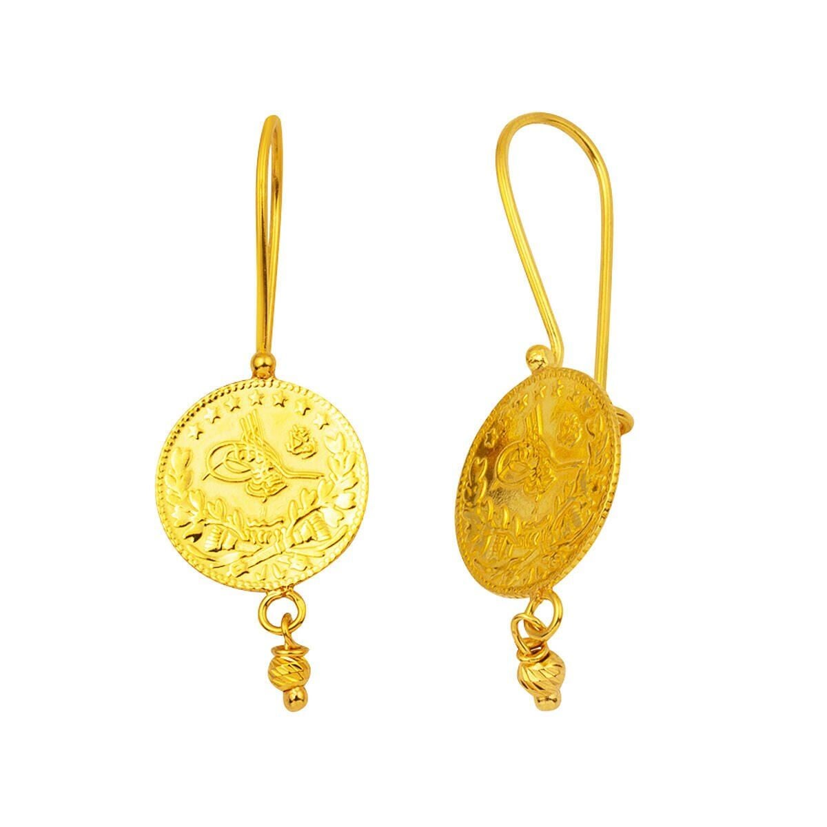 22K Yellow Gold Quarter Coin Ottoman Resat Coin Dangle Earrings (4.85 g)