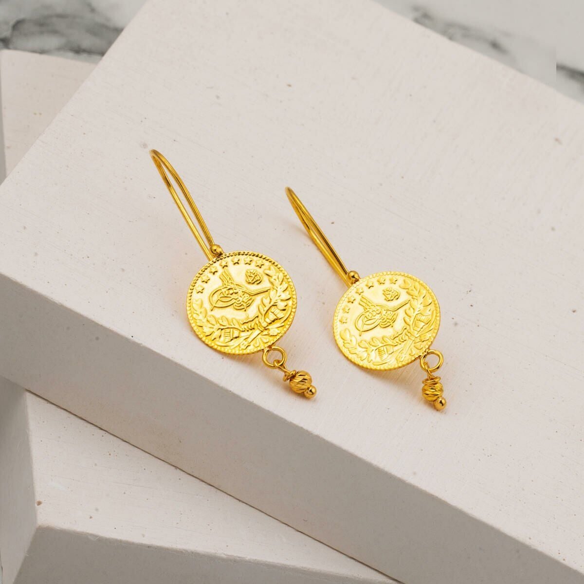 22K Yellow Gold Quarter Coin Ottoman Resat Coin Dangle Earrings (4.85 g)
