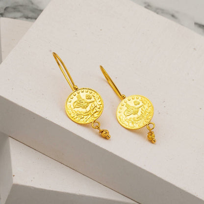 22K Yellow Gold Quarter Coin Ottoman Resat Coin Dangle Earrings (4.85 g)