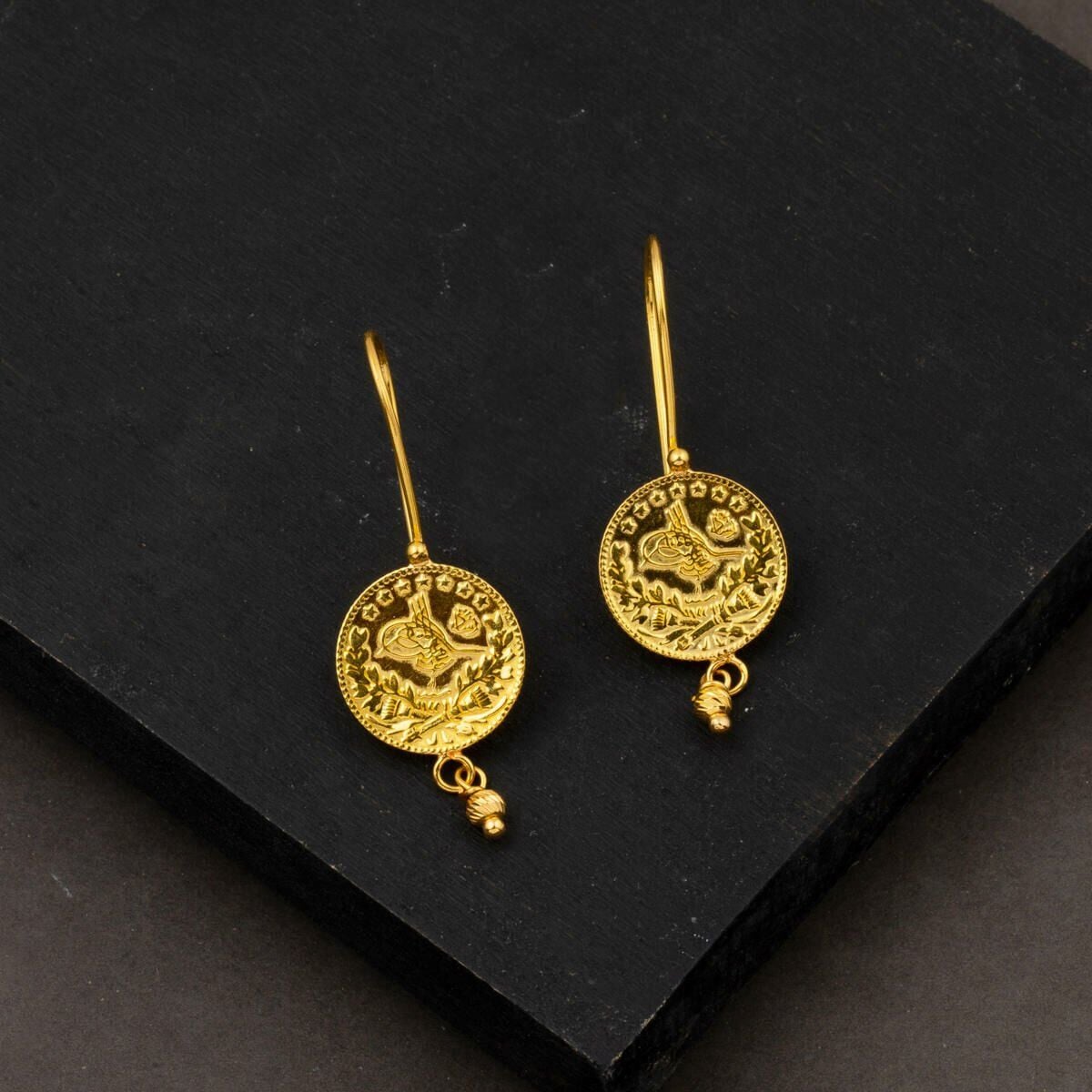 22K Yellow Gold Quarter Coin Ottoman Resat Coin Dangle Earrings (4.85 g)