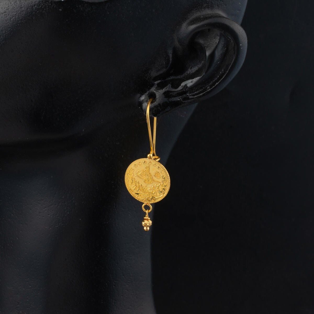 22K Yellow Gold Quarter Coin Ottoman Resat Coin Dangle Earrings (4.85 g)
