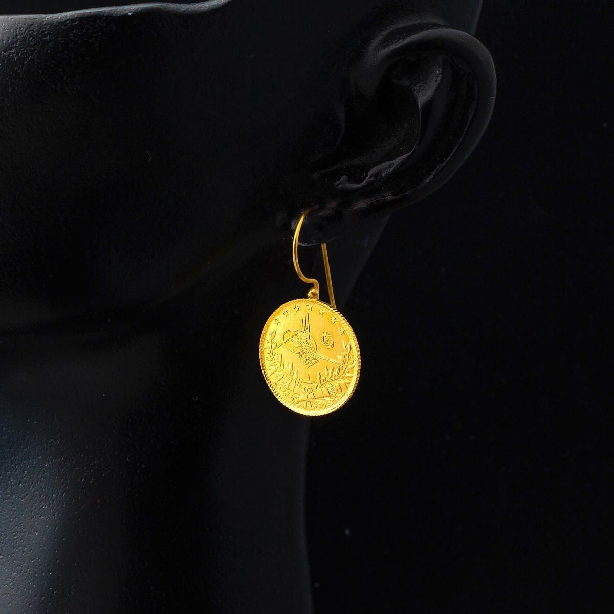 22K Yellow Gold Quarter Coin Ottoman Resat Coin Earrings