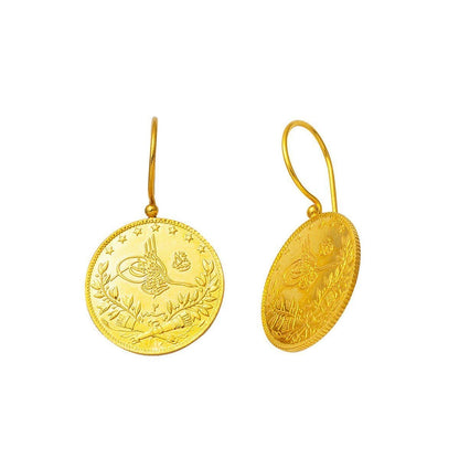 22K Yellow Gold Quarter Coin Ottoman Resat Coin Earrings