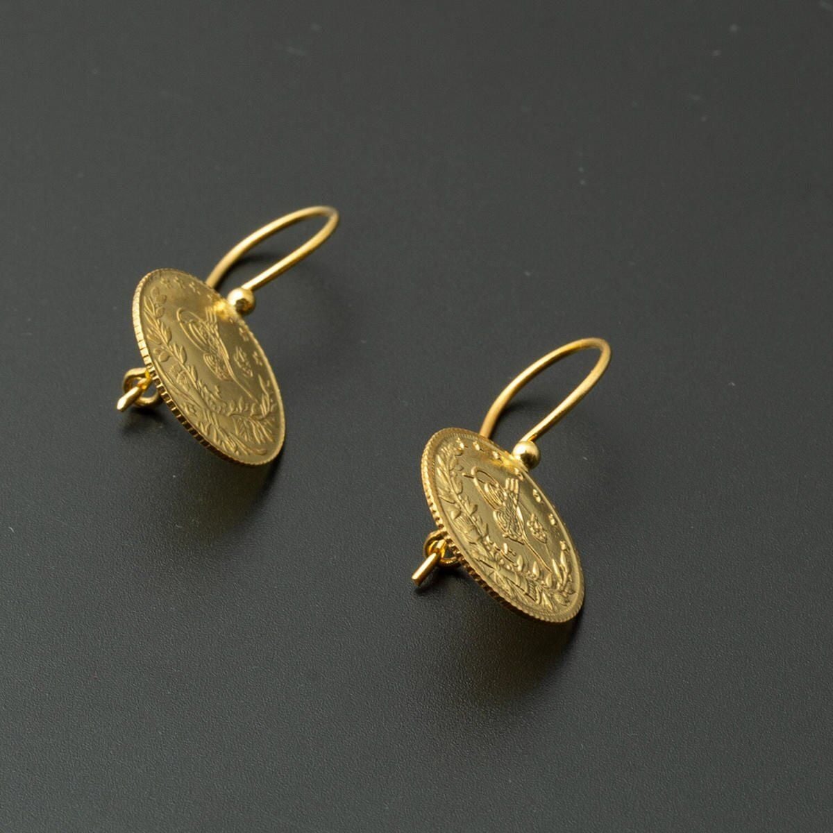 22K Yellow Gold Quarter Coin Ottoman Resat Coin Earrings