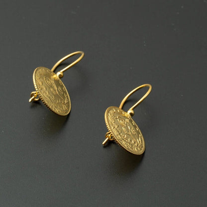 22K Yellow Gold Quarter Coin Ottoman Resat Coin Earrings