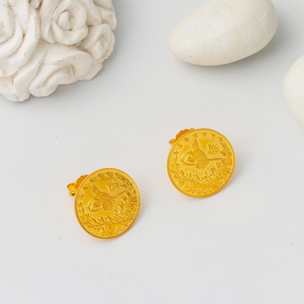 22K Yellow Gold Quarter Coin Ottoman Resat Coin Clip-On Earrings