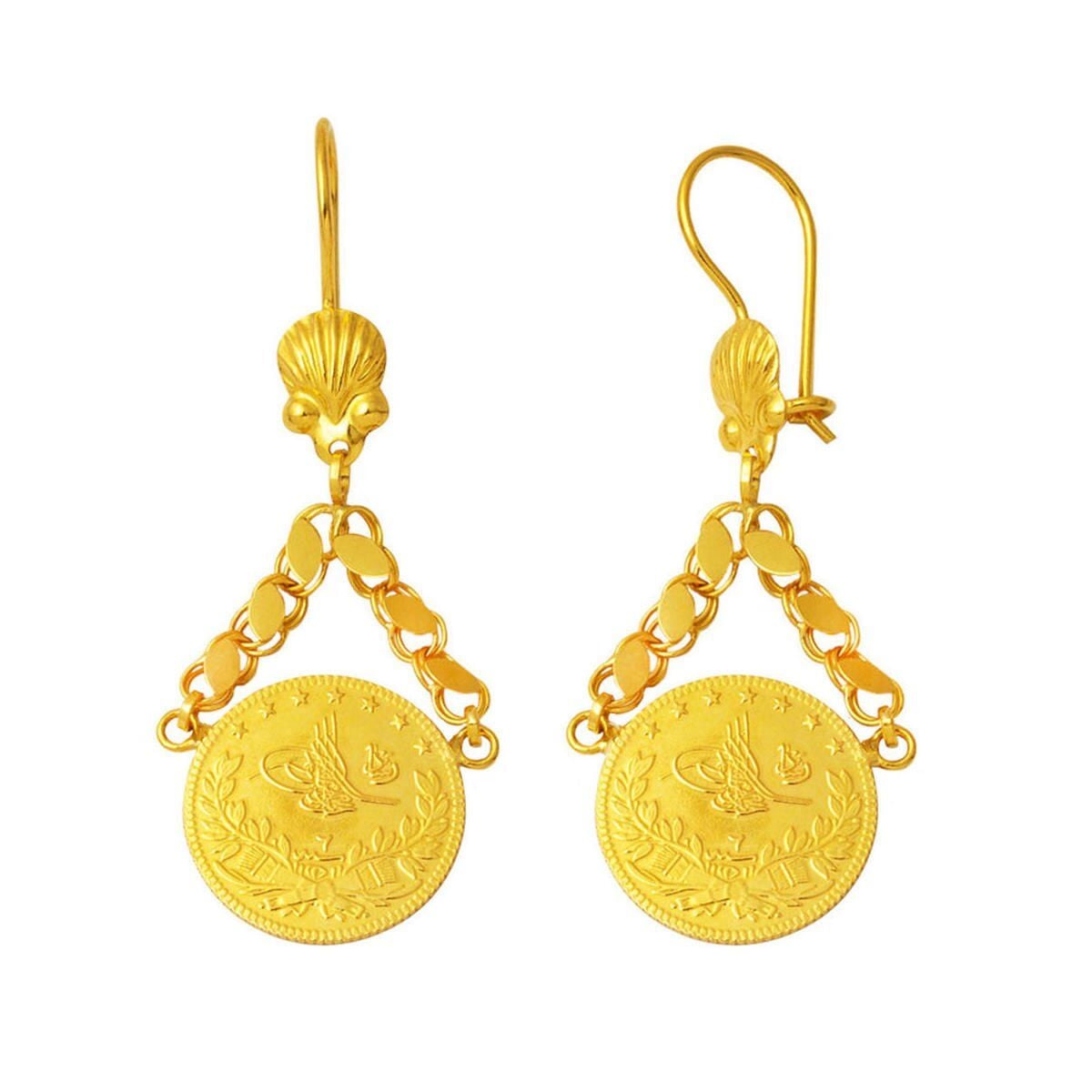 22K Yellow Gold Quarter Coin Ottoman Resat Coin Earrings (6 g)