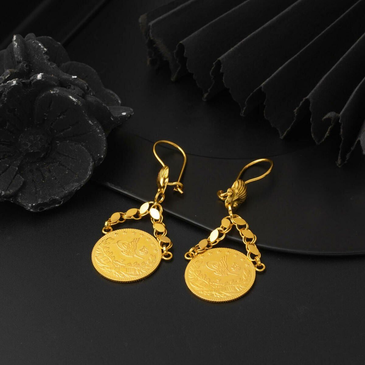 22K Yellow Gold Quarter Coin Ottoman Resat Coin Earrings (6 g)