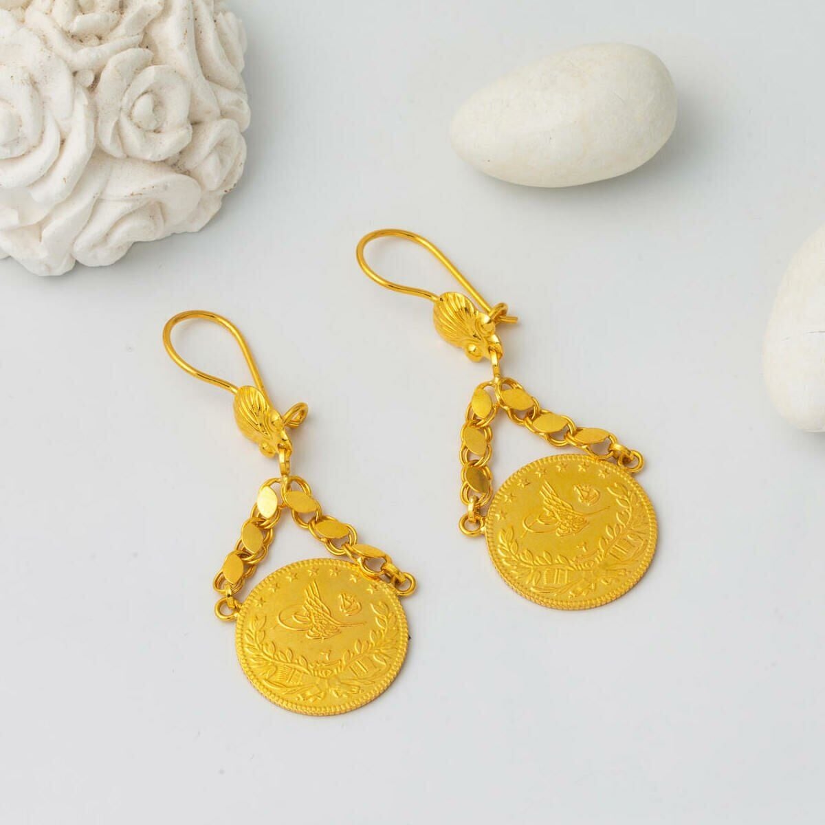 22K Yellow Gold Quarter Coin Ottoman Resat Coin Earrings (6 g)