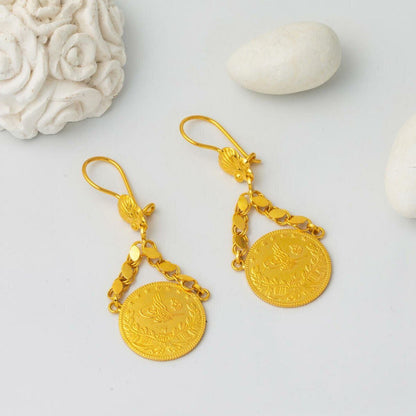 22K Yellow Gold Quarter Coin Ottoman Resat Coin Earrings (6 g)
