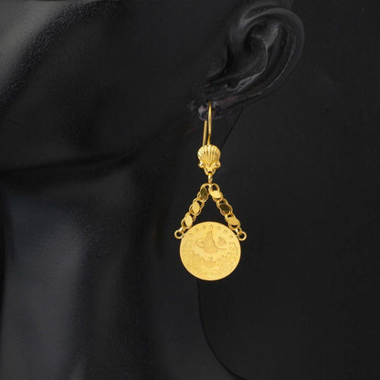 22K Yellow Gold Quarter Coin Ottoman Resat Coin Earrings (6 g)