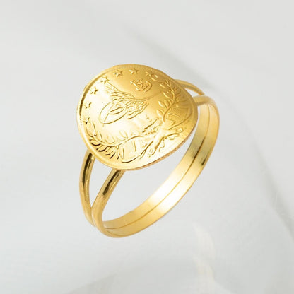 22K Yellow Gold Quarter Coin Ottoman Resat Coin Ring (4.59 g)