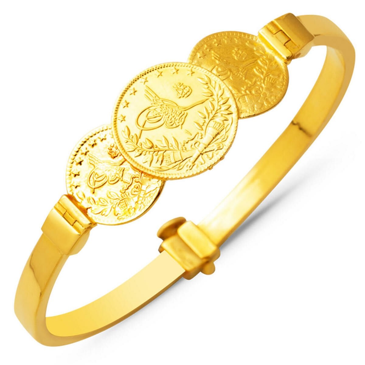 14K Yellow Gold Quarter Coin And Half Ottoman Resat Coin Hinged Cuff Bracelet