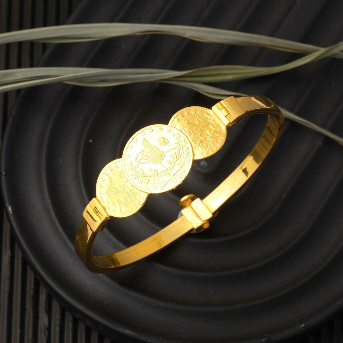 14K Yellow Gold Quarter Coin And Half Ottoman Resat Coin Hinged Cuff Bracelet
