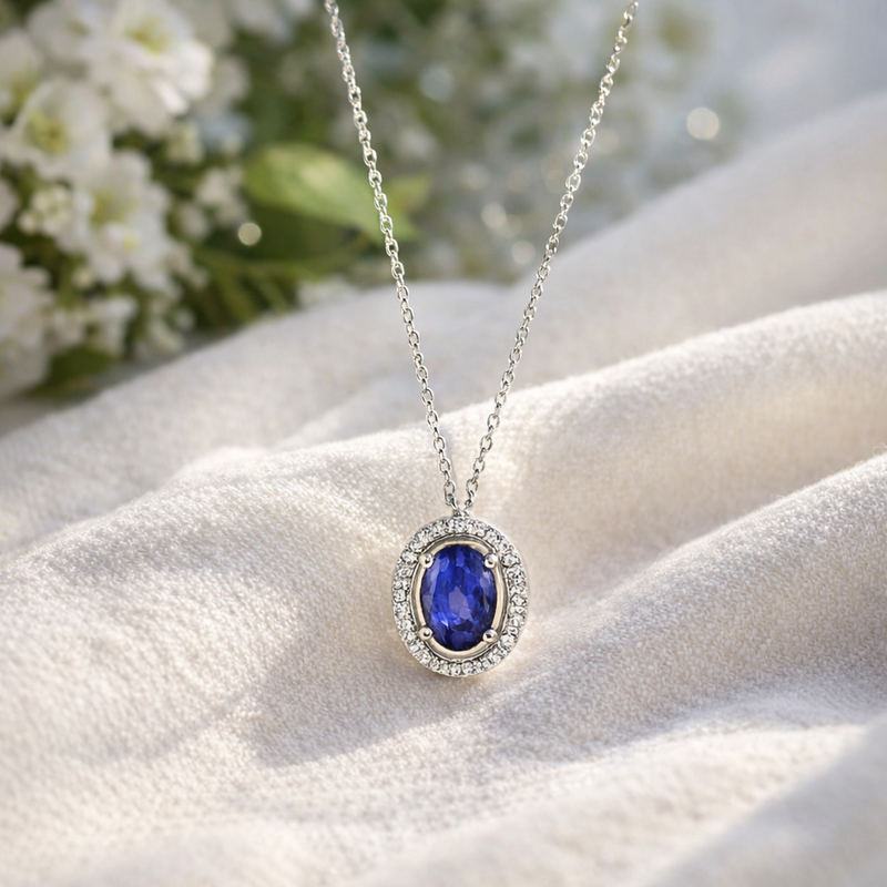 14K White Gold 0.64 Ct Sapphire Diamond Necklace