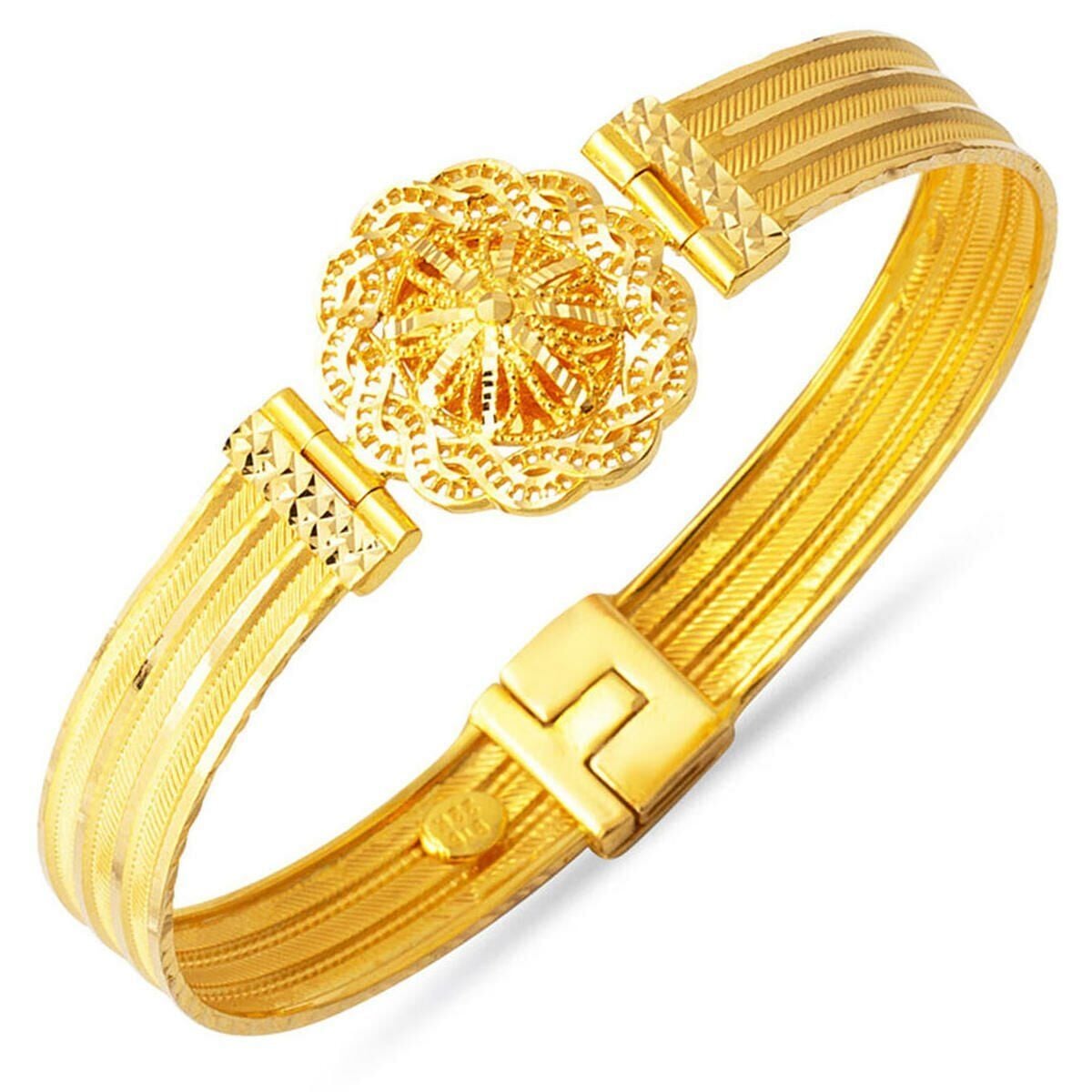 22K Yellow Gold Flower Mesh Hinged Cuff Bangle
