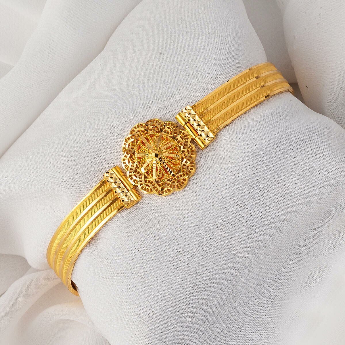 22K Yellow Gold Flower Mesh Hinged Cuff Bangle