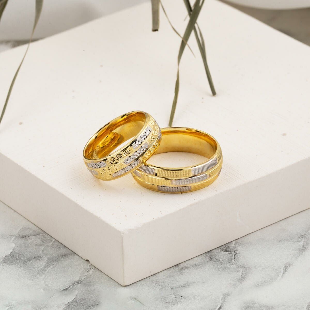 14K Yellow Gold Double Colored Wedding Band Set