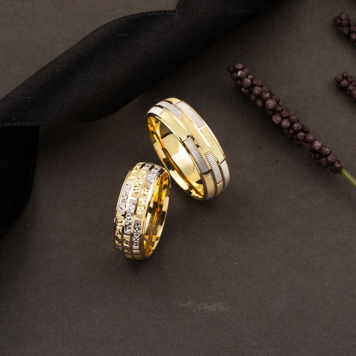 14K Yellow Gold Double Colored Wedding Band Set