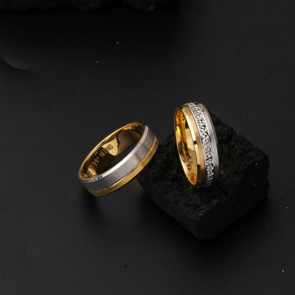 14K Yellow Gold Double Colored Double Wedding Band Set