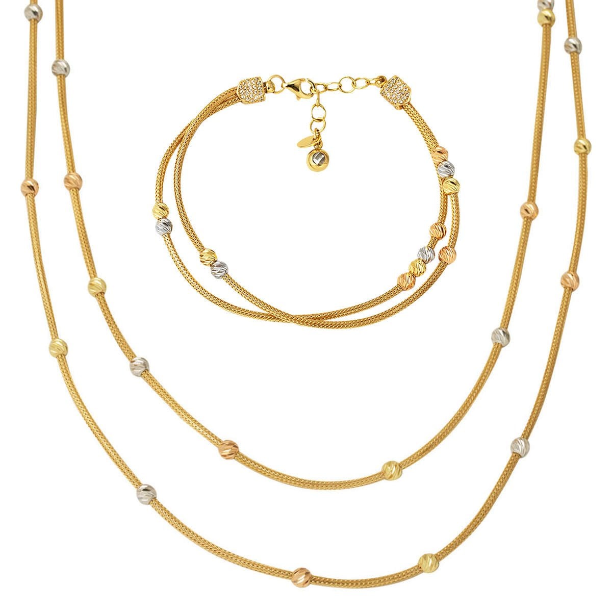 14K Yellow Gold Double Row Gold Bead Jewelry Set
