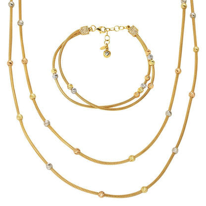 14K Yellow Gold Double Row Gold Bead Jewelry Set