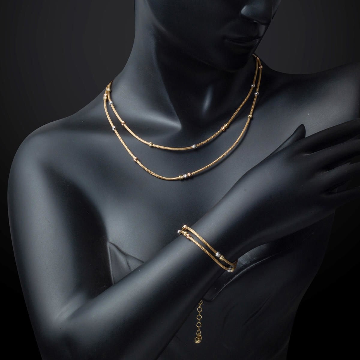 14K Yellow Gold Double Row Gold Bead Jewelry Set