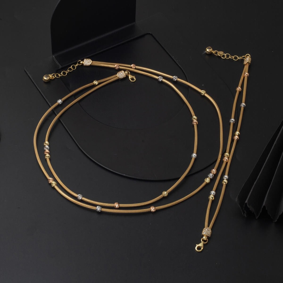 14K Yellow Gold Double Row Gold Bead Jewelry Set
